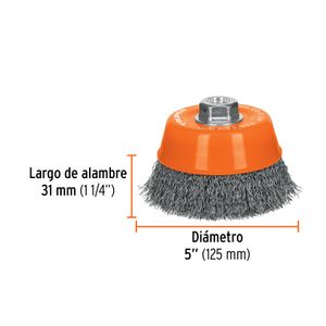 Carda copa 5" alambre ondulado fino, eje M14 - TRUPER