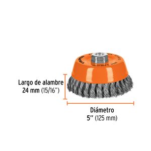 Carda copa 5" alambre trenzado fino, eje 5/8"-11 - TRUPER