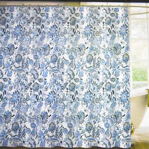 Cortina De ducha impresa de 180 x 180 cm con ganchos, diseño floreado azul. - PALM SPRINGS HOMES