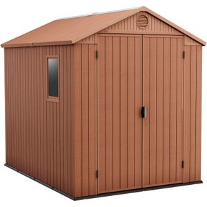 Bodega plástica tipo CASA para patio de 180 x 180 cm Café con tragaluz y panel de ventilación.
