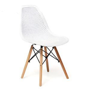 Silla "EFEEL" perforada tipo rombos con patas de madera y soporte de acero color blanco. - WRT