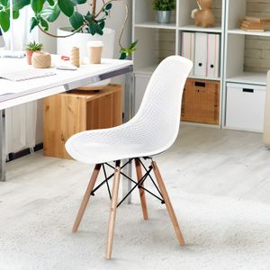 Silla "EFEEL" perforada tipo rombos con patas de madera y soporte de acero color blanco. - WRT