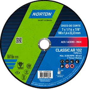 Disco de corte para acero CLASSIC de 180 mm de diametro, 22 mm orificio central, 1.6 mm de espesor - NORTON