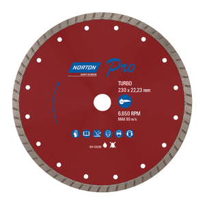Disco diamantado de corte PRO TURBO de 9" de diametro, 22mm orificio central - NORTON