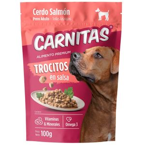 Alimento húmedo para perro CARNITAS premium con sabor a Cerdo - Salmón con trocitos en salsa. - MIMMA