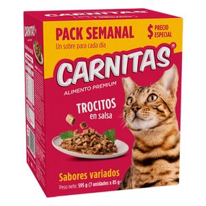 Pack de alimento húmedo para gatos CARNITAS SEMANAL con sabores variados Pack x 7 unidades. - MIMMA
