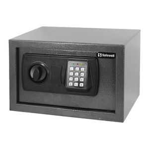 Caja fuerte digital color gris con llaves de seguridad, código numérico y luces indicadoras. - SAFEWELL