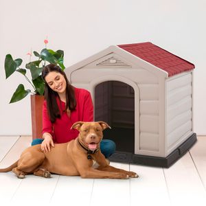 Casa para perro grande hecha a base de plástico color taupe con techo rojo. - RIMAX