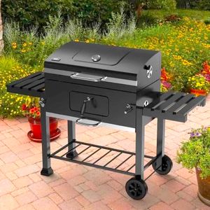 Parrilla a carbón con ruedas y estantes laterales