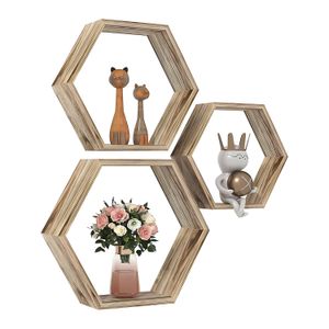 Kit de 3 repisas flotantes en forma hexagonal y de color habano. - NICEWOOD