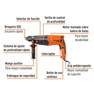 Rotomartillo SDS Plus de 800 W y 3.2 Joules, grip antiderrapante y mango auxiliar. - TRUPER PRO