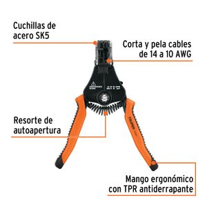 Pelador de cables automático de 17 cm para cables 14 - 10 AWG con cuchillas SK5 y mango TPR. - TRUPER