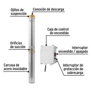 Bomba sumergible tipo lápiz de 2 HP y 160L/min. 127V con profundidad de inmersión de 80 m. - PRETUL