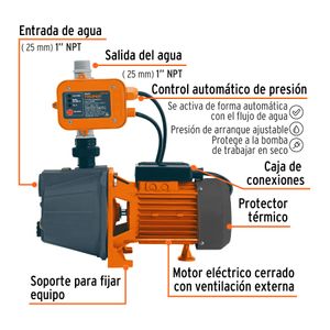Bomba presurizadora tipo JET de 1 HP 2S de 127V de hierro con control automático de presión. - TRUPER