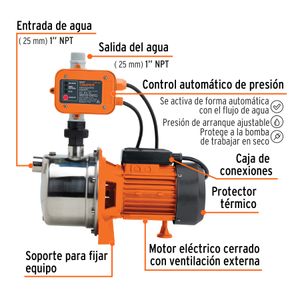 Bomba presurizadora tipo JET de 1 HP de 127V de acero inoxidable con control automático de presión. - TRUPER