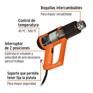 Pistola de calor de 2000 W, temperatura variable (45 a 500 °C) y flujo de aire de 500–800 L/min . - TRUPER PRO