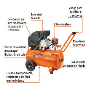 Compresor de 50 lts y 3,5 HP, motor monofásico de cobre de 127V y presión máxima de 116 PSI 4,4CFM - TRUPER