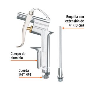 Pistola de aire de 90 PSI para sopletear con cuerpo de aluminio y boquilla de 4". - TRUPER