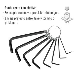 Juego de 8 llaves Allen tipo llavero con puntas hexagonales ESTANDAR. - PRETUL