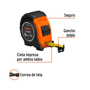 Flexómetro GRIPPER de 5 m con cinta de 19 mm, resistente a impactos. - TRUPER