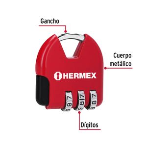 Candado de combinación de 36 mm con combianción personalizable de 3 dígitos para maletas. - HERMEX