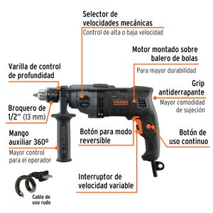 Taladro INDUSTRIAL de 1/2" de 800W 2 velocidades PVVR. - TRUPER