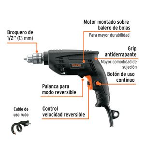 Taladro INDUSTRIAL de 3/8" de 450W VVR con selector de rotación. - TRUPER