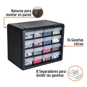 Organizador de 22 x 27 cm con 16 gavetas PEQUEÑAS de polipropileno translúcido y marco de ABS. - TRUPER
