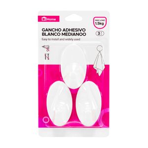 Gancho adhesivo blanco mediano con 1,5 kg de capacidad de carga Pack x 3 unidades. - K HOME