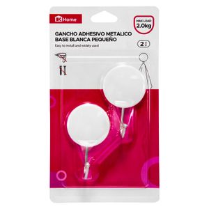 Gancho adhesivo metálico con base blanca y 2 kg de capacidad de carga Pack x 2 unidades. - K HOME