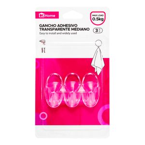 Gancho adhesivo transparente mediano con 500 gr de capacidad de carga Pack x 3 unidades. - K HOME