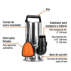 Bomba sumergible para sumidero con 1 HP de potencia INDUSTRIAL de acero inoxidable. - TRUPER