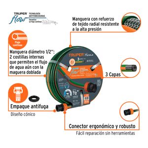 Manguera de 1/2" reforzada de 20 m de largo para uso doméstico. - TRUPER