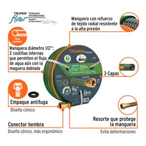 Manguera de 3/4" x 25 m reforzada con 3 capas para uso profesional. - TRUPER