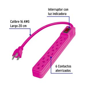 Regleta con 6 tomas de 1625W con cable 16 AWG Disponible en carios colores. - VOLTECK