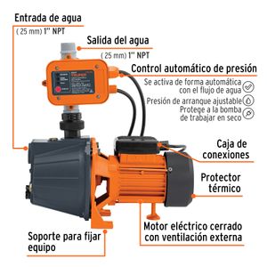 Bomba presurizadora tipo JET de aluminio con cabezal de hierro de 1/2 HP + control automático. - TRUPER