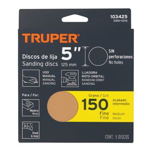 Pack de 5 discos de lija grano N150 ciegos con respaldo HOOK and LOOP (velcro) - TRUPER