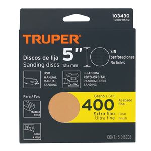 Pack de 5 discos de lija grano N400 ciegos con respaldo HOOK and LOOP (velcro) - TRUPER