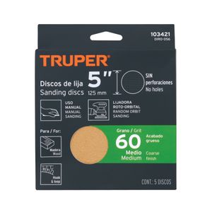 Pack de 5 discos de lija grano N60 ciegos con respaldo HOOK and LOOP (velcro) - TRUPER