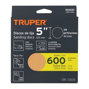 Pack de 5 discos de lija grano N600 ciegos con respaldo HOOK and LOOP (velcro) - TRUPER
