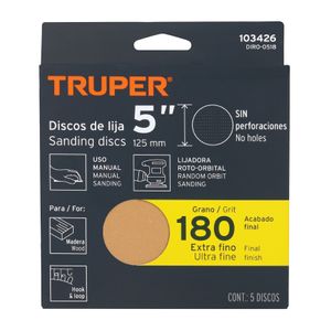 Pack de 5 discos de lija grano N180 ciegos con respaldo HOOK and LOOP (velcro) - TRUPER
