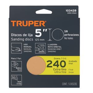 Pack de 5 discos de lija grano N240 ciegos con respaldo HOOK and LOOP (velcro) - TRUPER