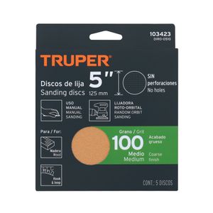 Pack de 5 discos de lija grano N100 ciegos con respaldo HOOK and LOOP (velcro) - TRUPER