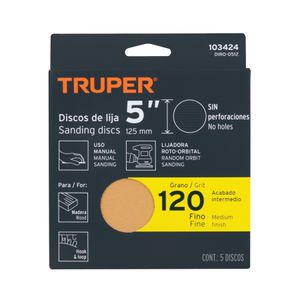 Pack de 5 discos de lija grano N120 ciegos con respaldo HOOK and LOOP (velcro) - TRUPER