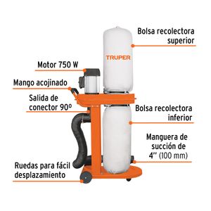 Colector de polvo de 1 HP de 750W - 127V con nivel de ruido hasta 95 dB. - TRUPER