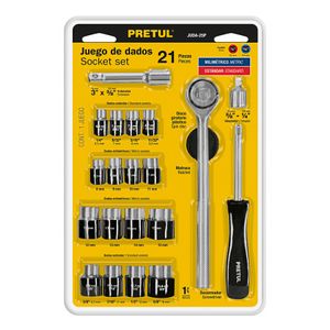 Juego de rachas 21 piezas ESTANDAR de 1/4" a 3/8". Incluye 4 organizadores para dados. - PRETUL