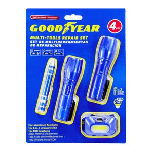 Set multifunción que incluye 2 linternas, 1 destonillador 8 en 1 y 1 linterna manos libres. - GOODYEAR