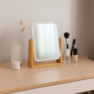 Espejo pequeño de doble cara con aumento y soporte de madera rotativo. - ELEGANZA