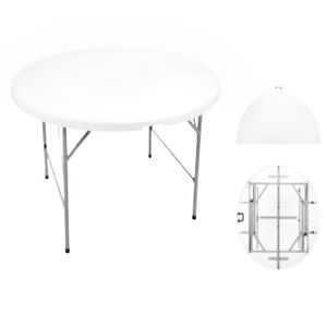 Mesa redonda PEGABLE de plástico blanca de 124 x 63 x 10 cm con estructura de acero. - DRM