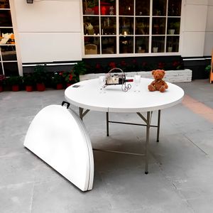 Mesa redonda PEGABLE de plástico blanca de 124 x 63 x 10 cm con estructura de acero. - DRM